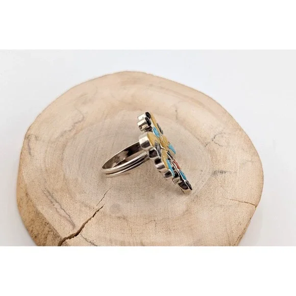 Zuni Dragonfly Inlay Ring Multi Stone Sterling Silver Sz 7.25 Signed Pinto - Picture 7 of 10